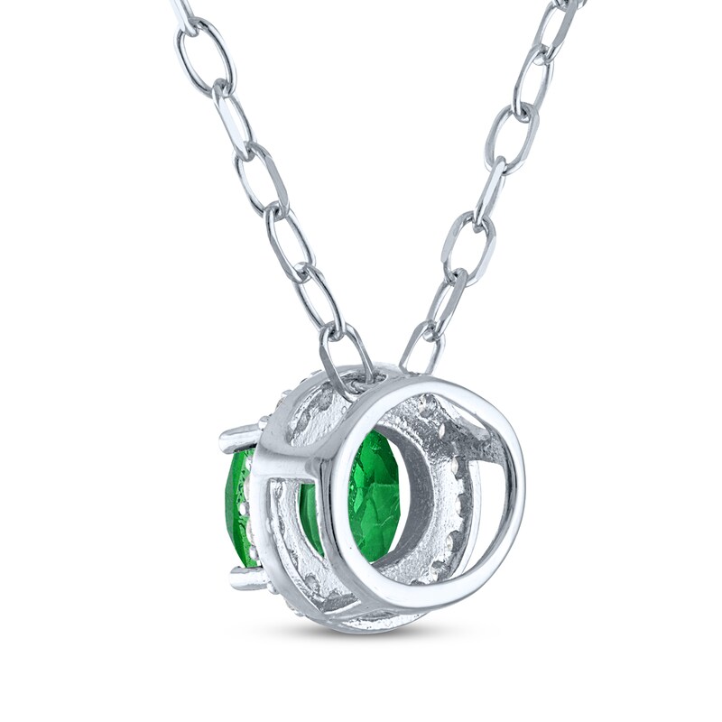 Main Image 3 of Oval-Cut Lab-Created Emerald & White Lab-Created Sapphire Halo Necklace Sterling Silver 18"