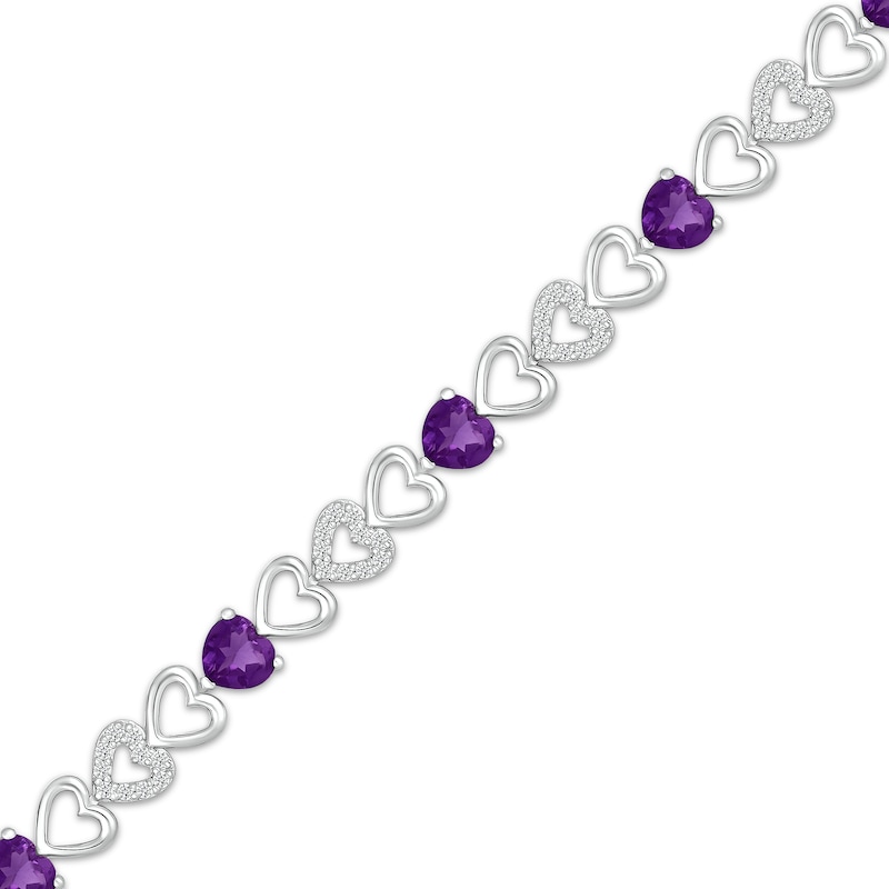 Main Image 2 of Heart-Shaped Amethyst & White Lab-Created Sapphire Heart Link Bracelet Sterling Silver 7.25"