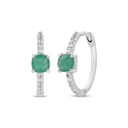 Cushion-Cut Natural Emerald & Diamond Hoop Earrings 1/8 ct tw Sterling Silver