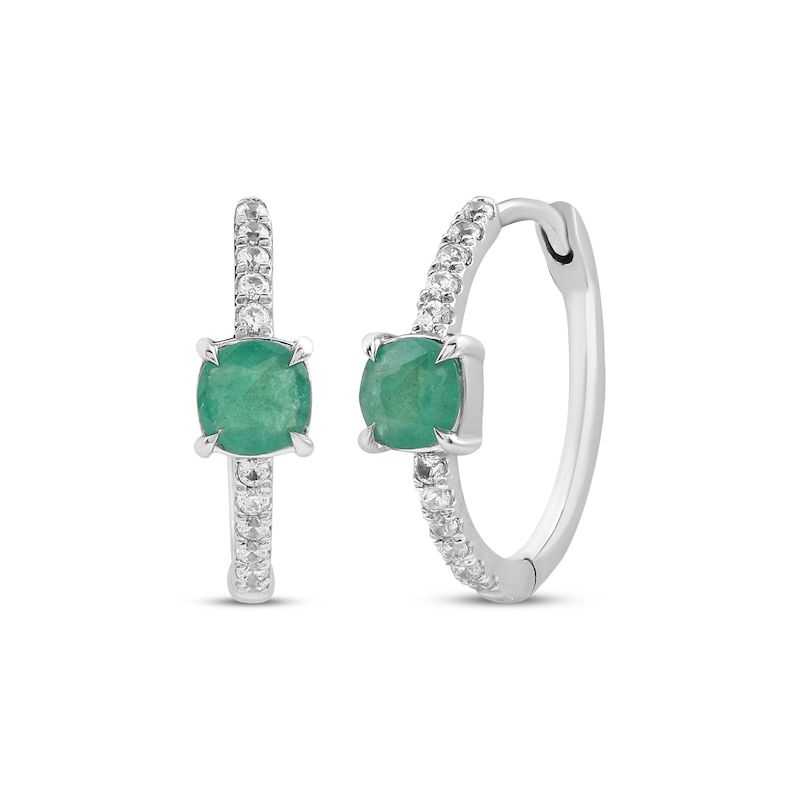 Main Image 1 of Cushion-Cut Natural Emerald & Diamond Hoop Earrings 1/8 ct tw Sterling Silver