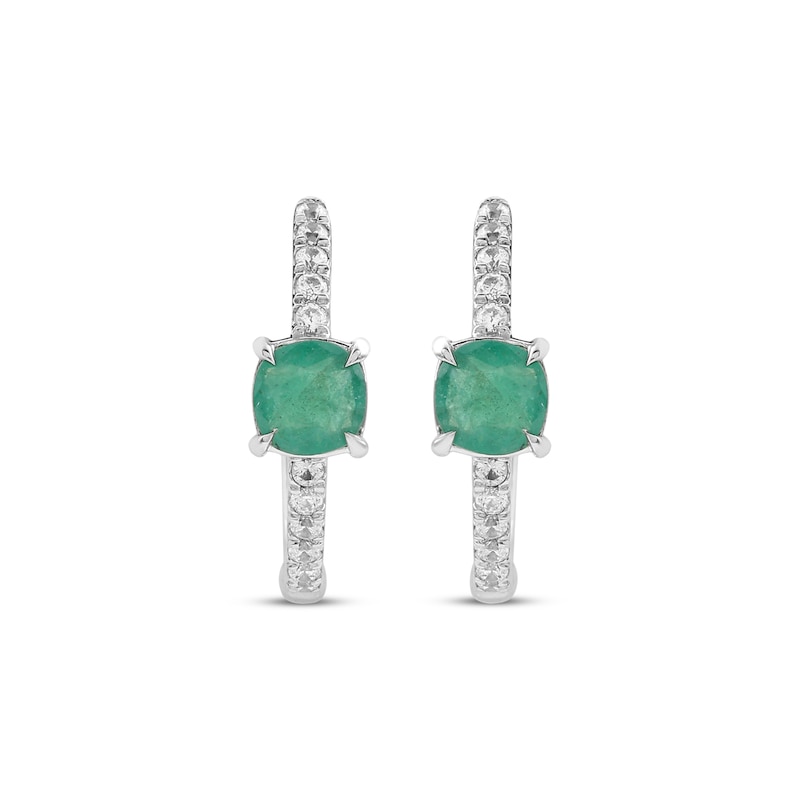 Main Image 2 of Cushion-Cut Natural Emerald & Diamond Hoop Earrings 1/8 ct tw Sterling Silver