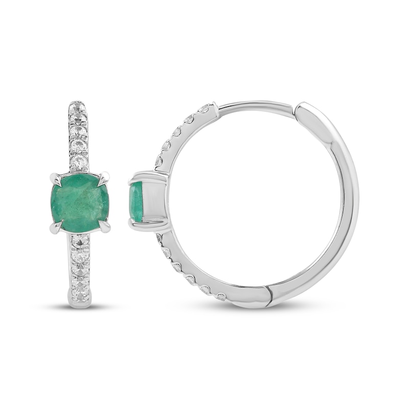 Main Image 3 of Cushion-Cut Natural Emerald & Diamond Hoop Earrings 1/8 ct tw Sterling Silver