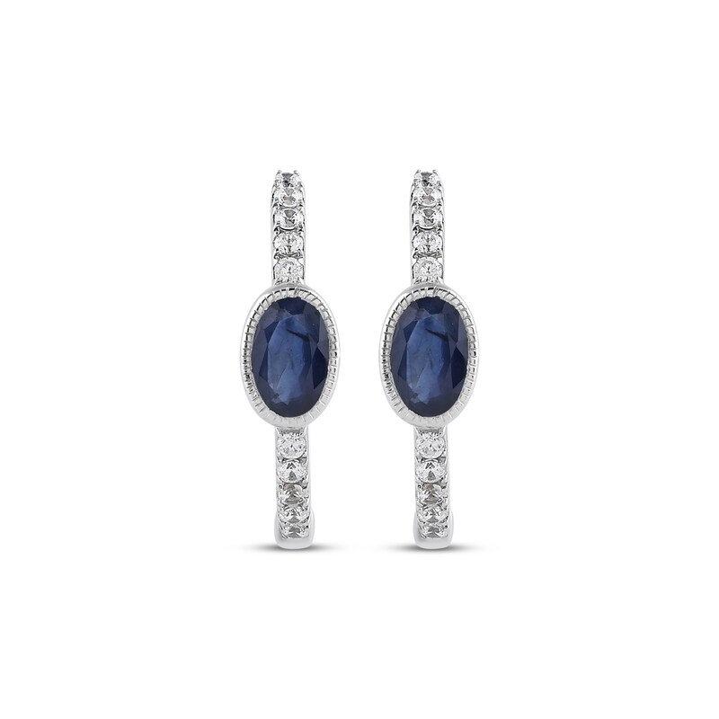 Main Image 2 of Oval-Cut Natural Blue Sapphire & Diamond Hoop Earrings 1/8 ct tw Sterling Silver