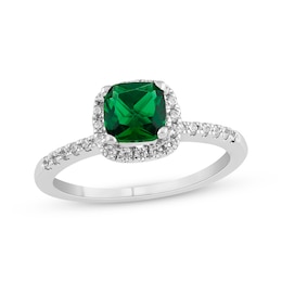 Cushion-Cut Lab-Created Emerald & Diamond Halo Ring 1/5 ct tw 10K White Gold