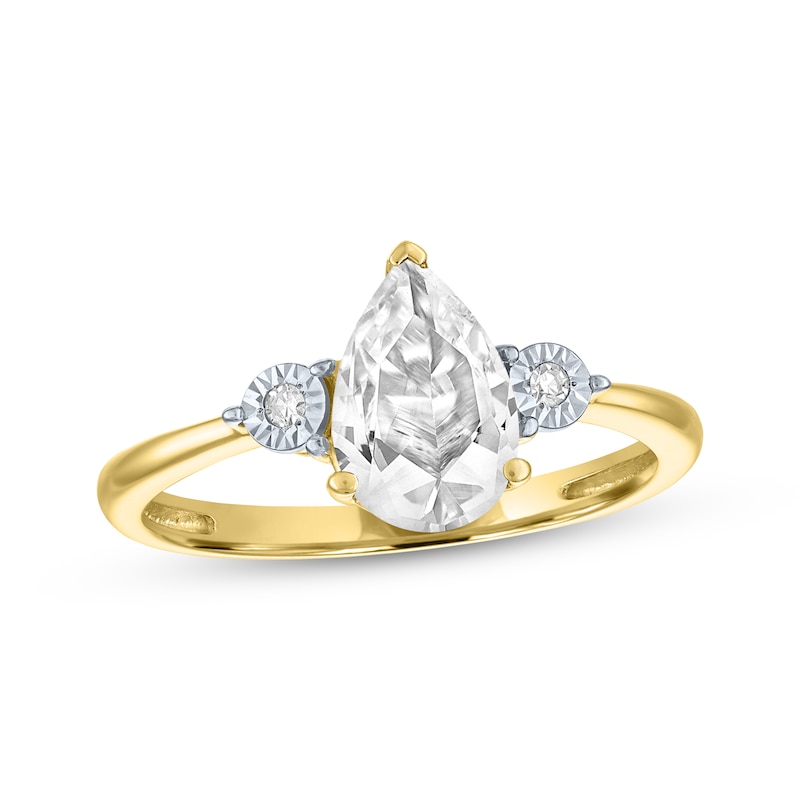 Main Image 1 of Pear-Shaped White Lab-Created Sapphire & Diamond Accent Ring 10K Yellow Gold