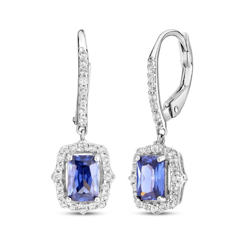 Main Image 1 of Emerald-Cut Blue Lab-Created Sapphire & White Lab-Created Sapphire Drop Earrings Sterling Silver