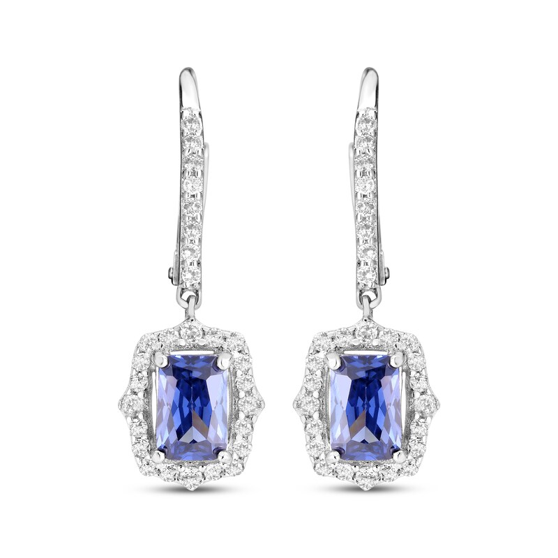 Main Image 2 of Emerald-Cut Blue Lab-Created Sapphire & White Lab-Created Sapphire Drop Earrings Sterling Silver