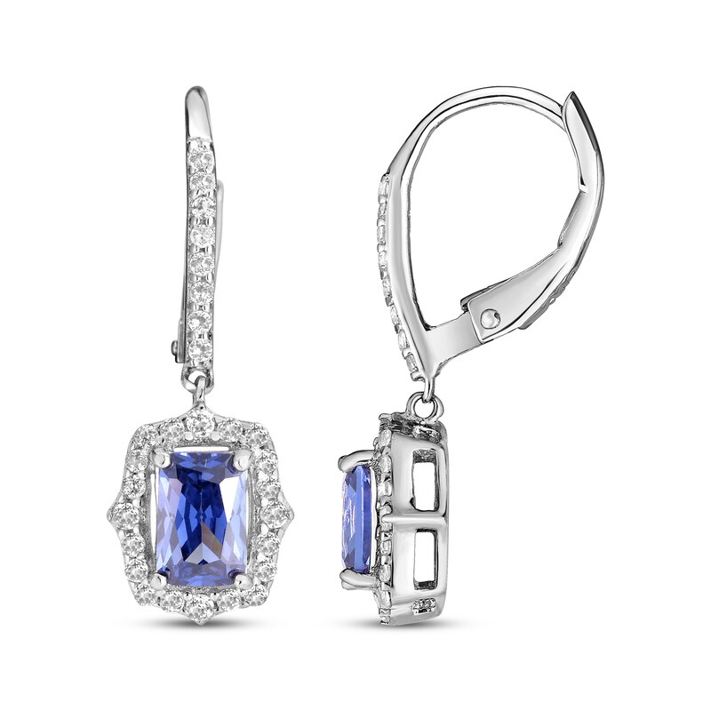 Main Image 3 of Emerald-Cut Blue Lab-Created Sapphire & White Lab-Created Sapphire Drop Earrings Sterling Silver