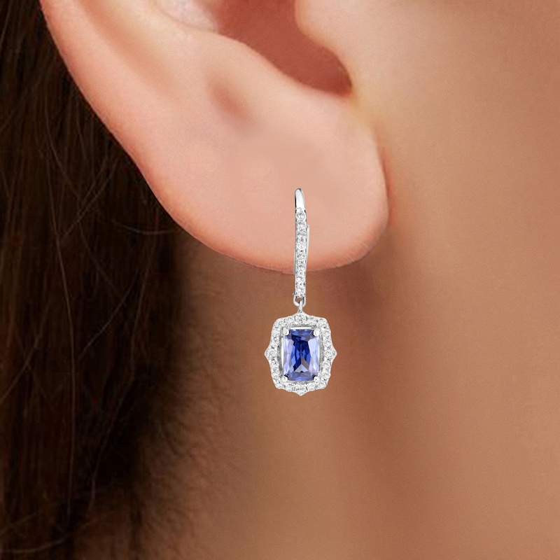 Emerald-Cut Blue Lab-Created Sapphire & White Lab-Created Sapphire Drop Earrings Sterling Silver