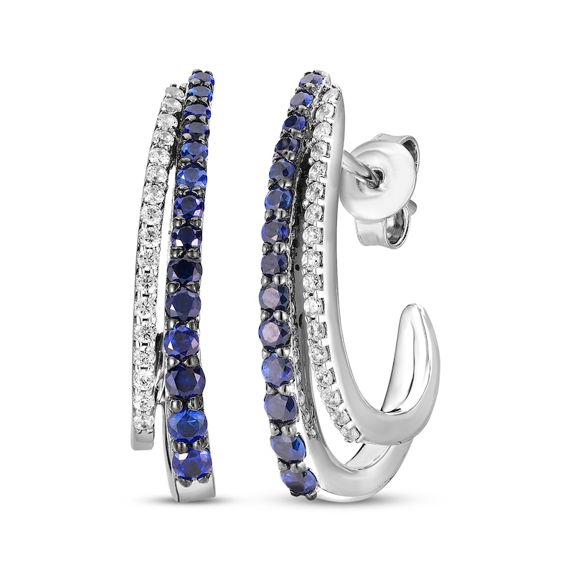 Main Image 1 of Blue & White Lab-Created Sapphire Double Row J-Hoop Earrings Sterling Silver