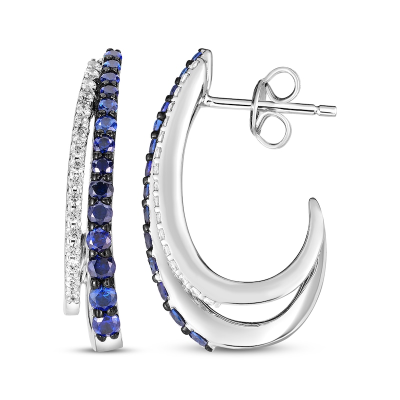 Main Image 3 of Blue & White Lab-Created Sapphire Double Row J-Hoop Earrings Sterling Silver