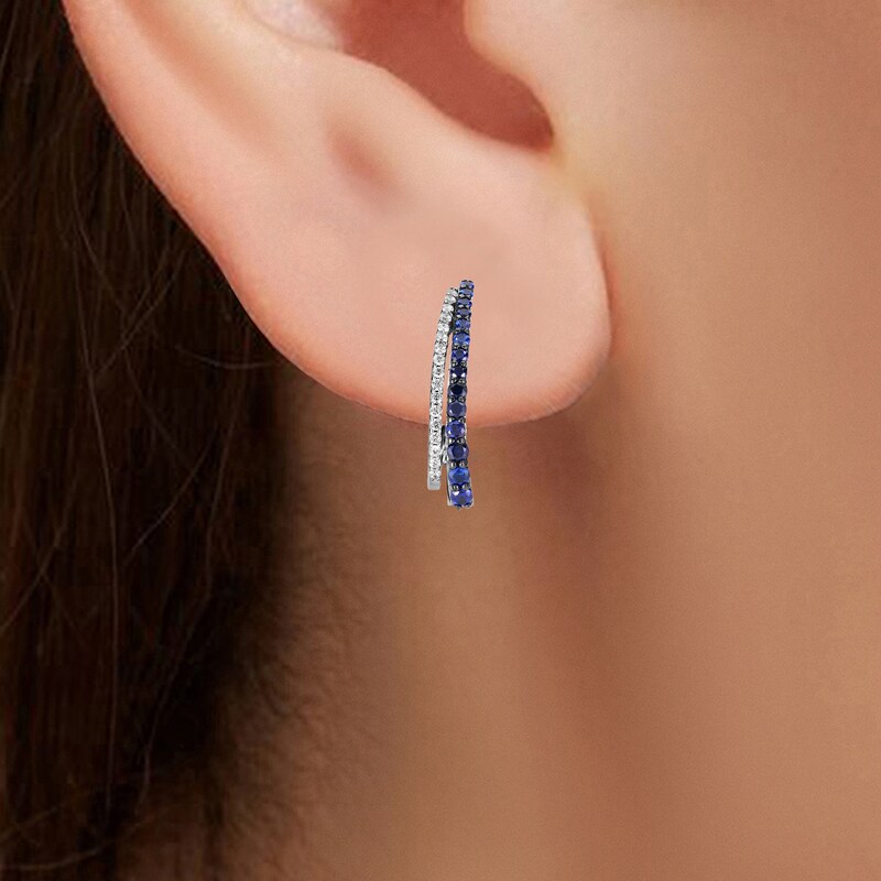 Main Image 4 of Blue & White Lab-Created Sapphire Double Row J-Hoop Earrings Sterling Silver
