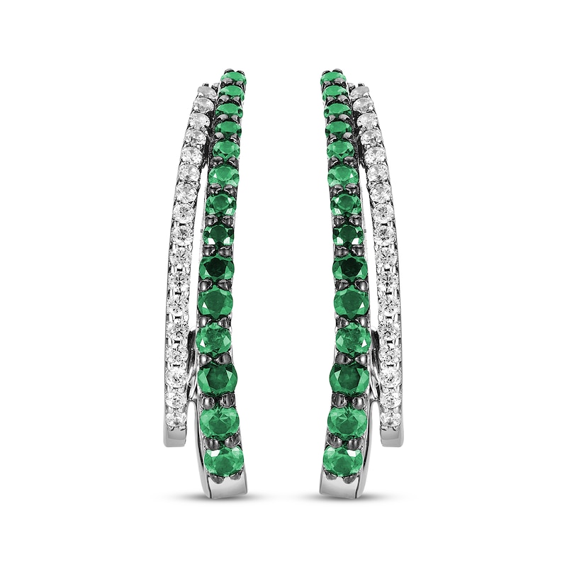 Main Image 2 of Lab-Created Emerald & White Lab-Created Sapphire Two-Row J-Hoop Earrings Sterling Silver