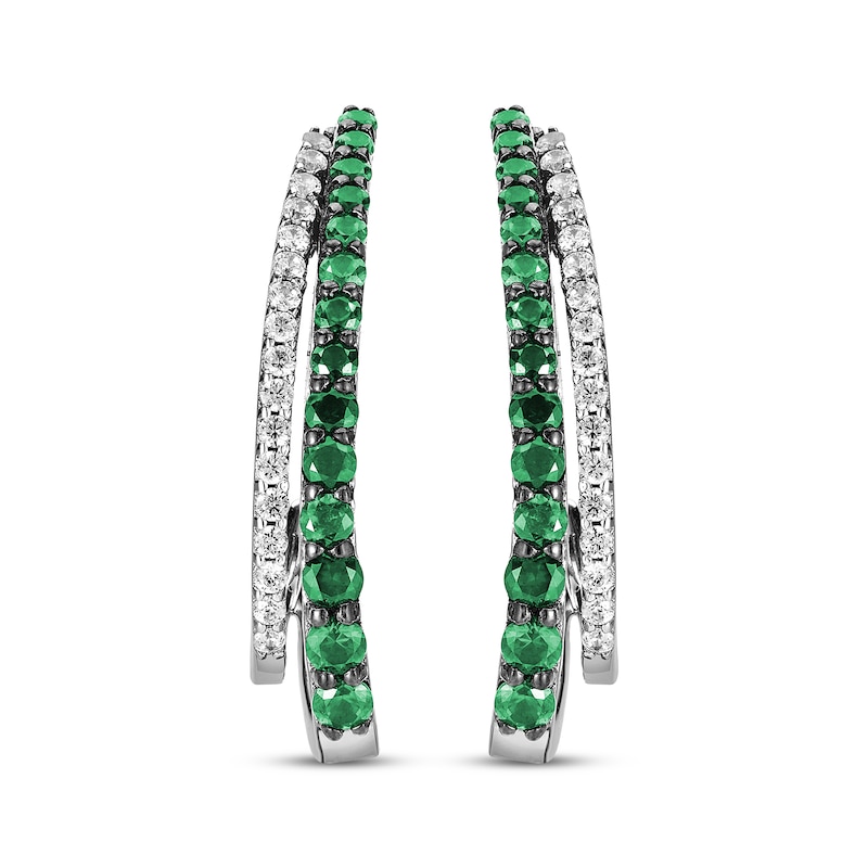 Lab-Created Emerald & White Lab-Created Sapphire Two-Row J-Hoop Earrings Sterling Silver