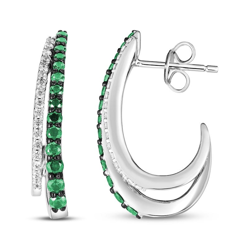Main Image 3 of Lab-Created Emerald & White Lab-Created Sapphire Two-Row J-Hoop Earrings Sterling Silver