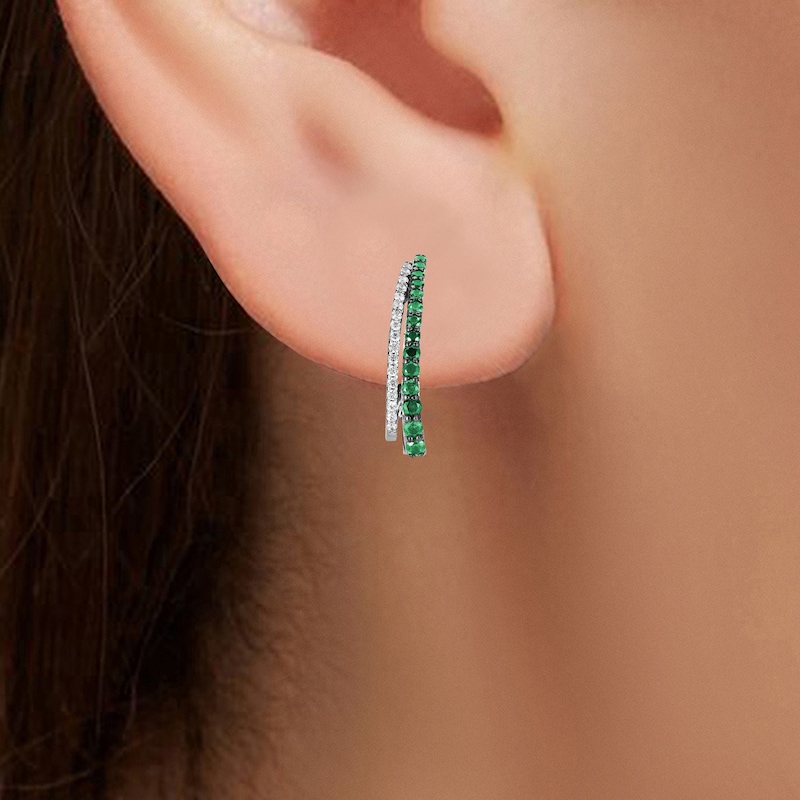 Main Image 4 of Lab-Created Emerald & White Lab-Created Sapphire Two-Row J-Hoop Earrings Sterling Silver