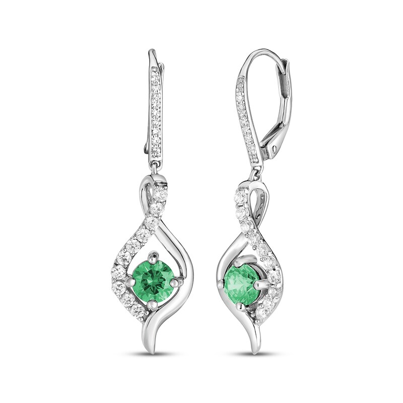 Main Image 1 of Lab-Created Emerald & White Lab-Created Sapphire Drop Earrings Sterling Silver