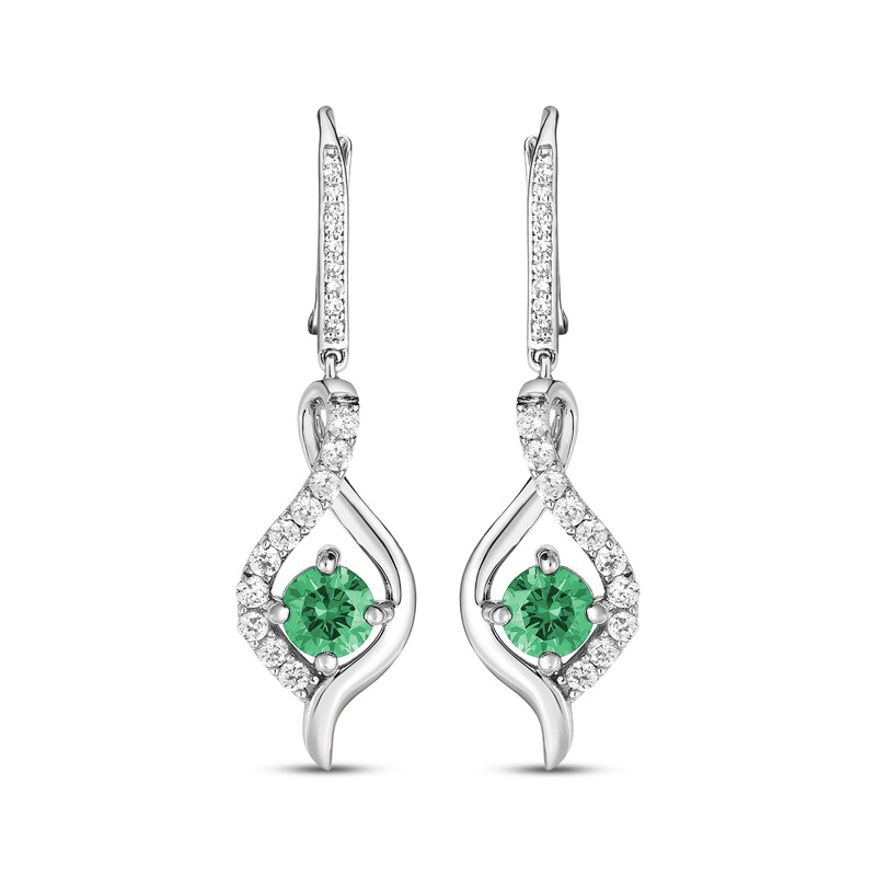 Main Image 2 of Lab-Created Emerald & White Lab-Created Sapphire Drop Earrings Sterling Silver