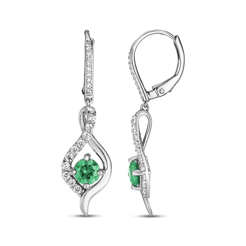 Main Image 3 of Lab-Created Emerald & White Lab-Created Sapphire Drop Earrings Sterling Silver