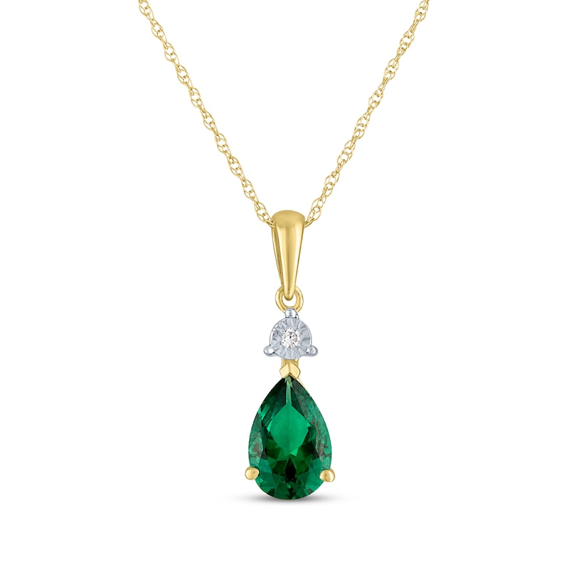 Main Image 1 of Pear-Shaped Lab-Created Emerald & Diamond Accent Necklace 10K Yellow Gold 18"