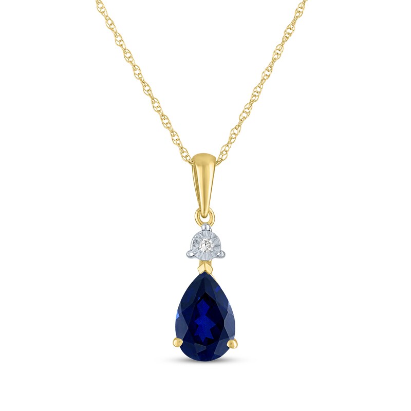 Main Image 1 of Pear-Shaped Blue Lab-Created Sapphire & Diamond Accent Necklace 10K Yellow Gold 18"