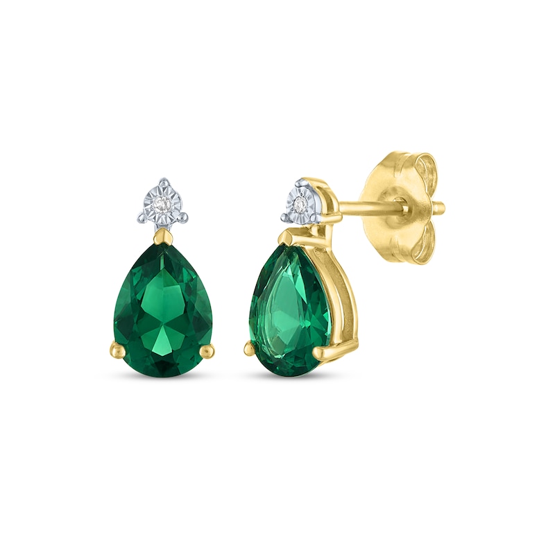 Main Image 1 of Pear-Shaped Lab-Created Emerald & Diamond Accent Earrings 10K Yellow Gold