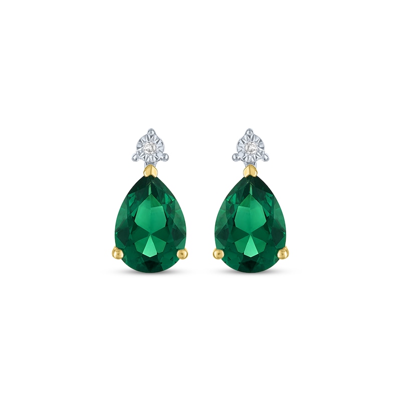 Main Image 2 of Pear-Shaped Lab-Created Emerald & Diamond Accent Earrings 10K Yellow Gold