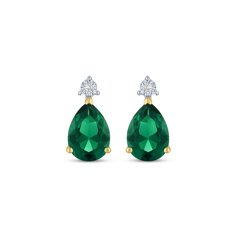 Pear-Shaped Lab-Created Emerald & Diamond Accent Earrings 10K Yellow Gold