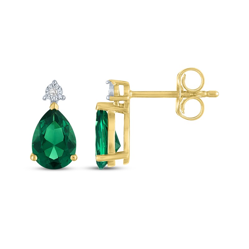 Main Image 3 of Pear-Shaped Lab-Created Emerald & Diamond Accent Earrings 10K Yellow Gold