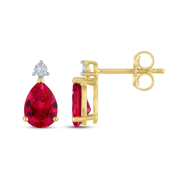Main Image 3 of Pear-Shaped Lab-Created Ruby & Diamond Accent Earrings 10K Yellow Gold