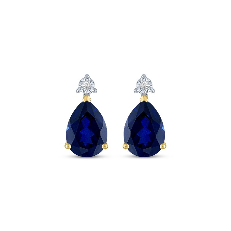 Main Image 2 of Pear-Shaped Blue Lab-Created Sapphire & Diamond Accent Earrings 10K Yellow Gold