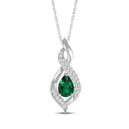 Pear-Shaped Lab-Created Emerald & White Lab-Created Sapphire Swirl Necklace Sterling Silver 18"