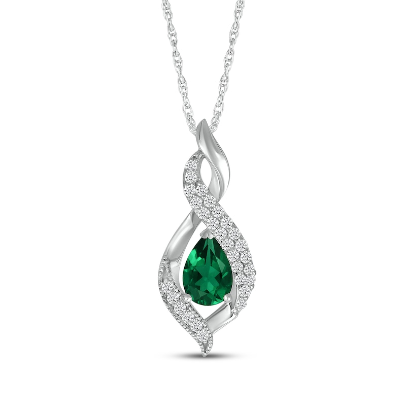 Main Image 1 of Pear-Shaped Lab-Created Emerald & White Lab-Created Sapphire Swirl Necklace Sterling Silver 18"