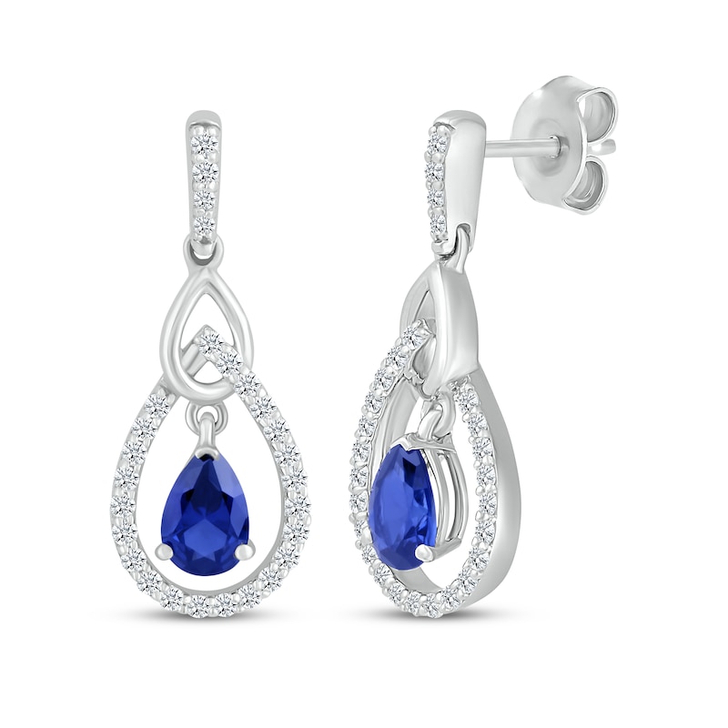 Main Image 1 of Pear-Shaped Blue Lab-Created Sapphire & White Lab-Created Sapphire Teardrop Frame Dangle Earrings Sterling Silver