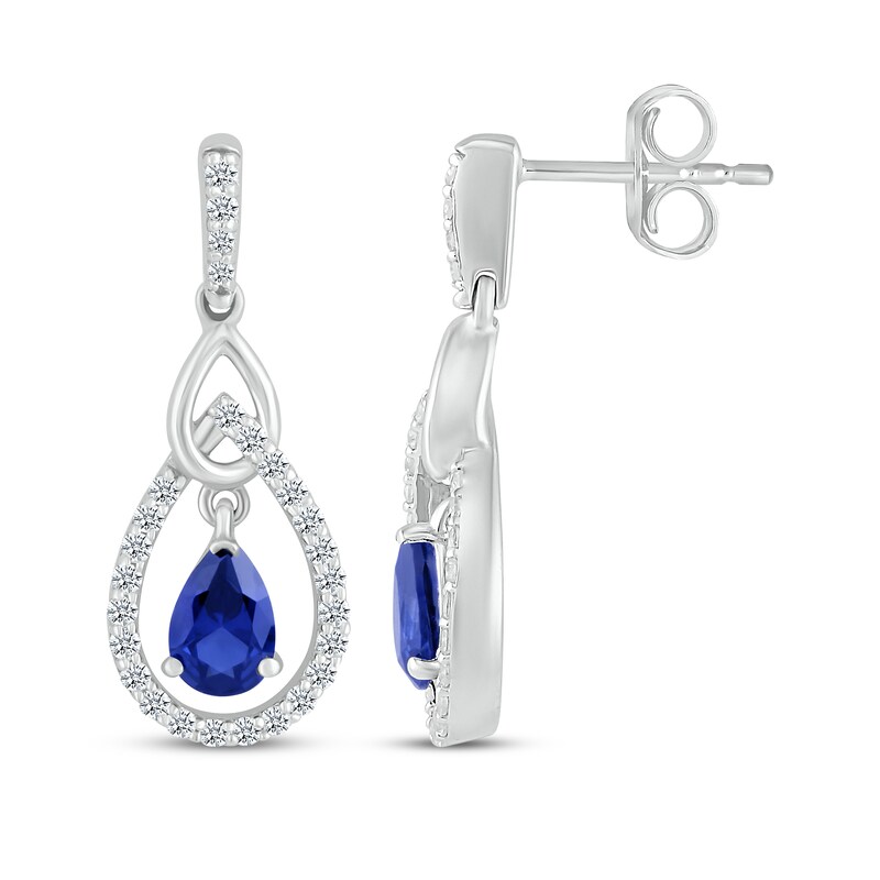Main Image 3 of Pear-Shaped Blue Lab-Created Sapphire & White Lab-Created Sapphire Teardrop Frame Dangle Earrings Sterling Silver