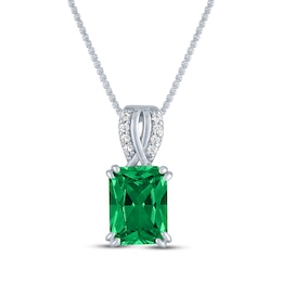 Emerald-Cut Lab-Created Emerald & Diamond Accent Necklace Sterling Silver 18"