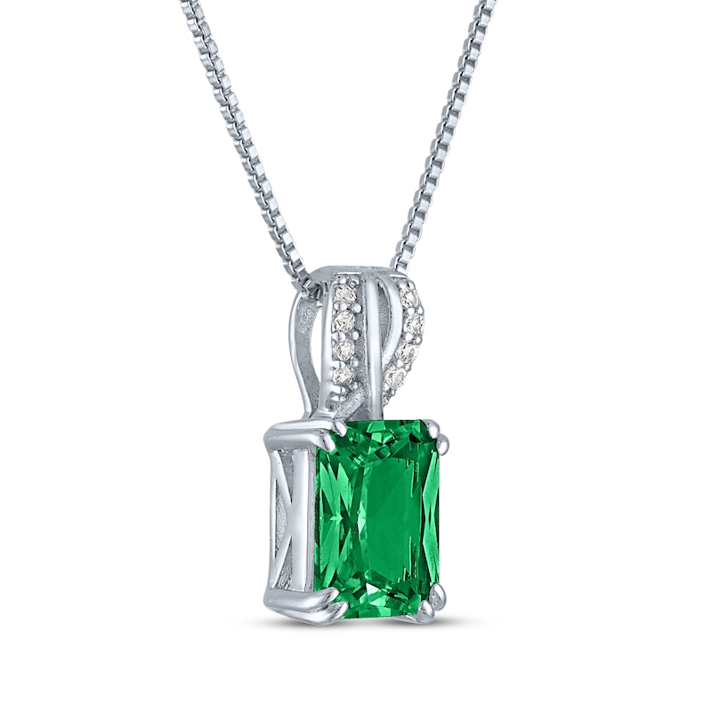 Main Image 2 of Emerald-Cut Lab-Created Emerald & Diamond Accent Necklace Sterling Silver 18"