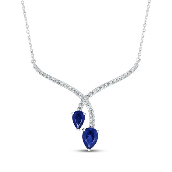 Pear-Shaped Blue Lab-Created Sapphire & White Lab-Created Sapphire Chevron Necklace Sterling Silver 18"