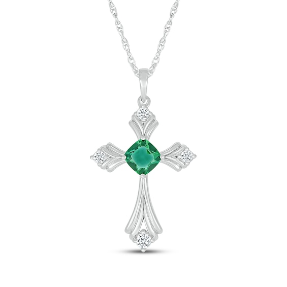 Cushion-Cut Lab-Created Emerald & White Lab-Created Sapphire Cross Necklace Sterling Silver 18"