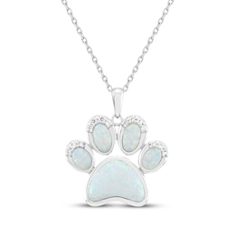 Lab-Created Opal & White Lab-Created Sapphire Paw Print Necklace Sterling Silver 18"
