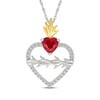Thumbnail Image 1 of Heart-Shaped Lab-Created Ruby & White Lab-Created Sapphire Flame Necklace Sterling Silver & 10K Yellow Gold 18"