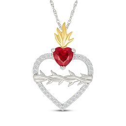 Heart-Shaped Lab-Created Ruby & White Lab-Created Sapphire Flame Necklace Sterling Silver & 10K Yellow Gold 18"