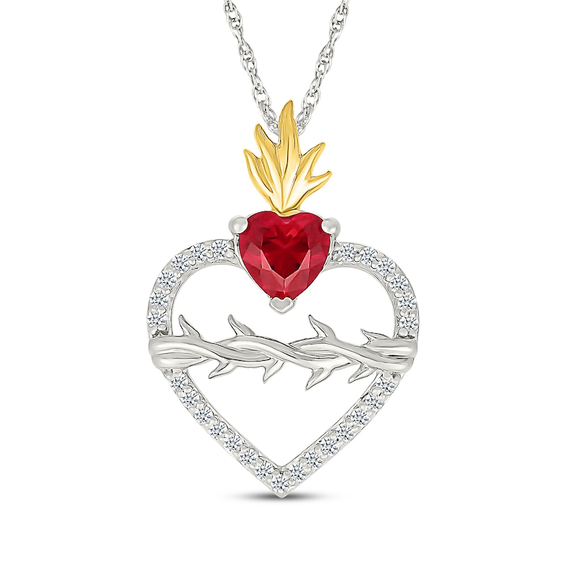 Main Image 1 of Heart-Shaped Lab-Created Ruby & White Lab-Created Sapphire Flame Necklace Sterling Silver & 10K Yellow Gold 18"