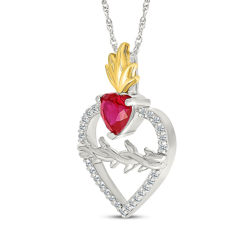 Main Image 2 of Heart-Shaped Lab-Created Ruby & White Lab-Created Sapphire Flame Necklace Sterling Silver & 10K Yellow Gold 18"