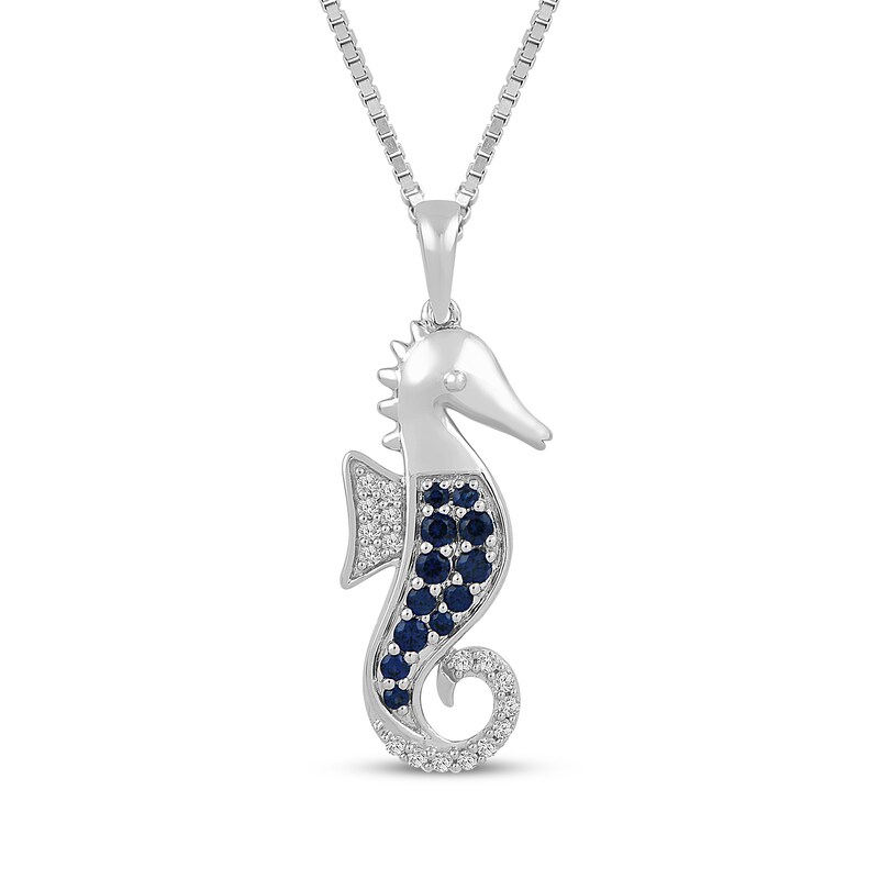 Main Image 1 of Blue & White Lab-Created Sapphire Seahorse Necklace Sterling Silver 18"