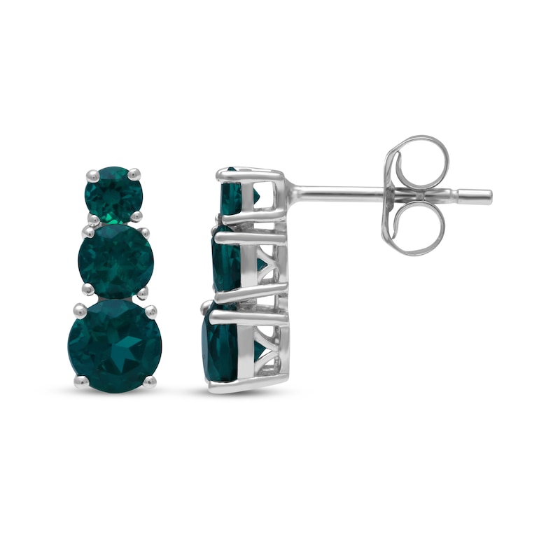 Main Image 3 of Lab-Created Emerald Graduated Three-Stone Earrings Sterling Silver