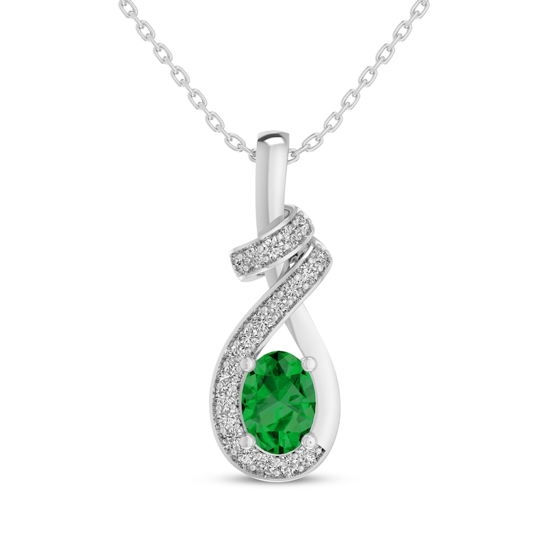 Main Image 1 of Oval-Cut Lab-Created Emerald & White Lab-Created Sapphire Swirl Necklace Sterling Silver 18"