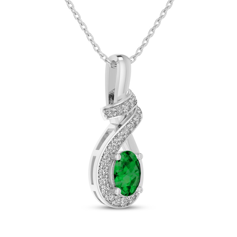 Main Image 2 of Oval-Cut Lab-Created Emerald & White Lab-Created Sapphire Swirl Necklace Sterling Silver 18"