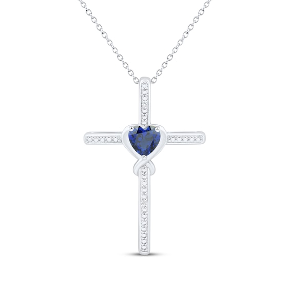 Heart-Shaped Blue Lab-Created Sapphire & White Lab-Created Sapphire Cross Necklace Sterling Silver 18"