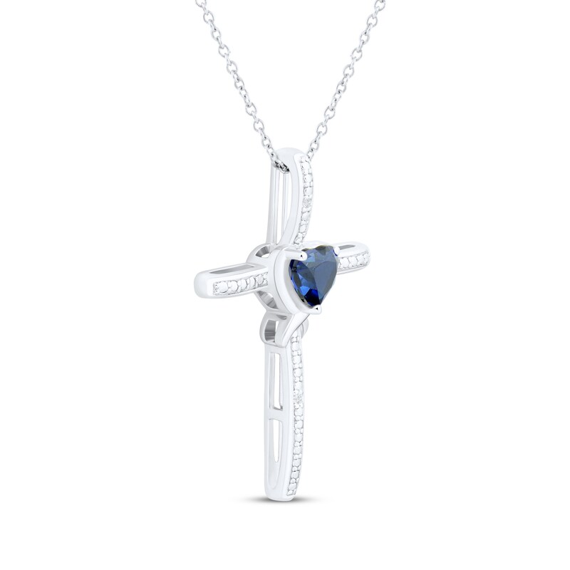 Main Image 2 of Heart-Shaped Blue Lab-Created Sapphire & White Lab-Created Sapphire Cross Necklace Sterling Silver 18"